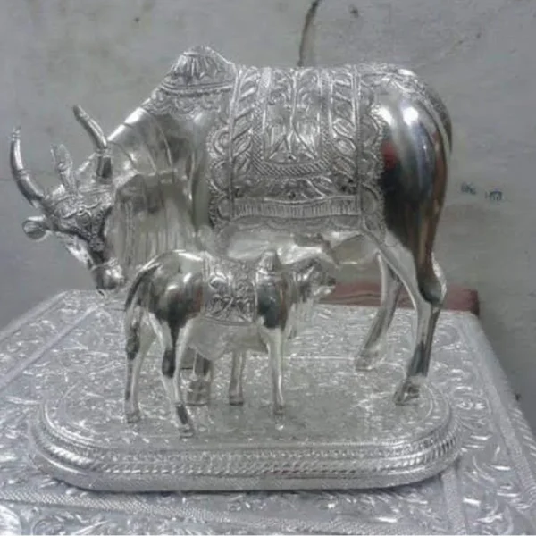 10 Inch Silver Plated Cow Statue - Yashoda Arts