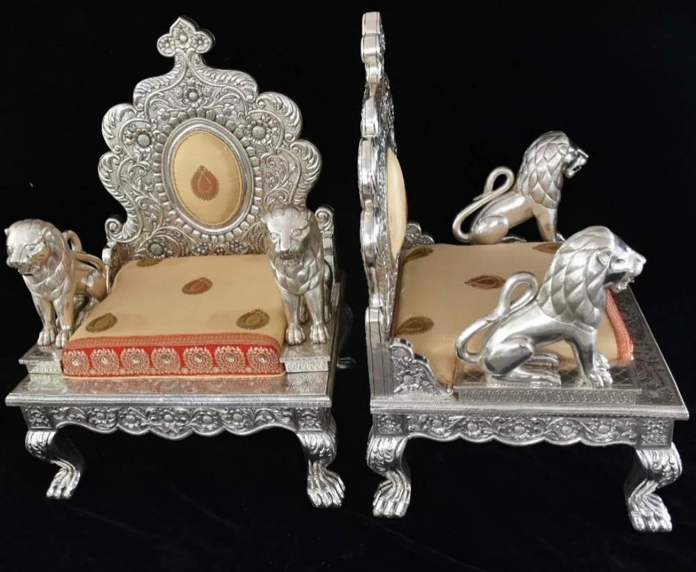 German Silver Coated Wooden King Chair - Yashoda Arts