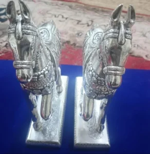 Silver Coated Wooden Horse Statue - Yashoda Arts